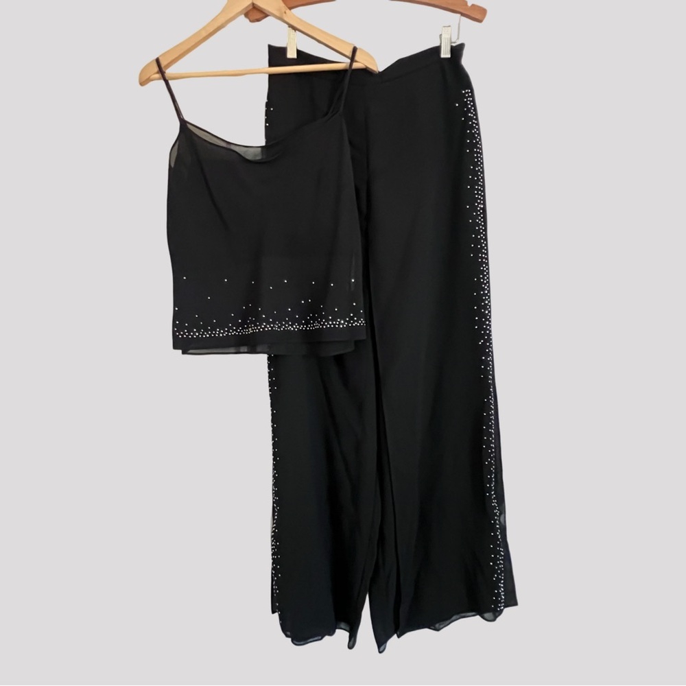 Vintage Betsy & Adam 2 Piece Set Semi-Sheer Wide Leg Flare Rhinestone Details - Picture 10 of 15